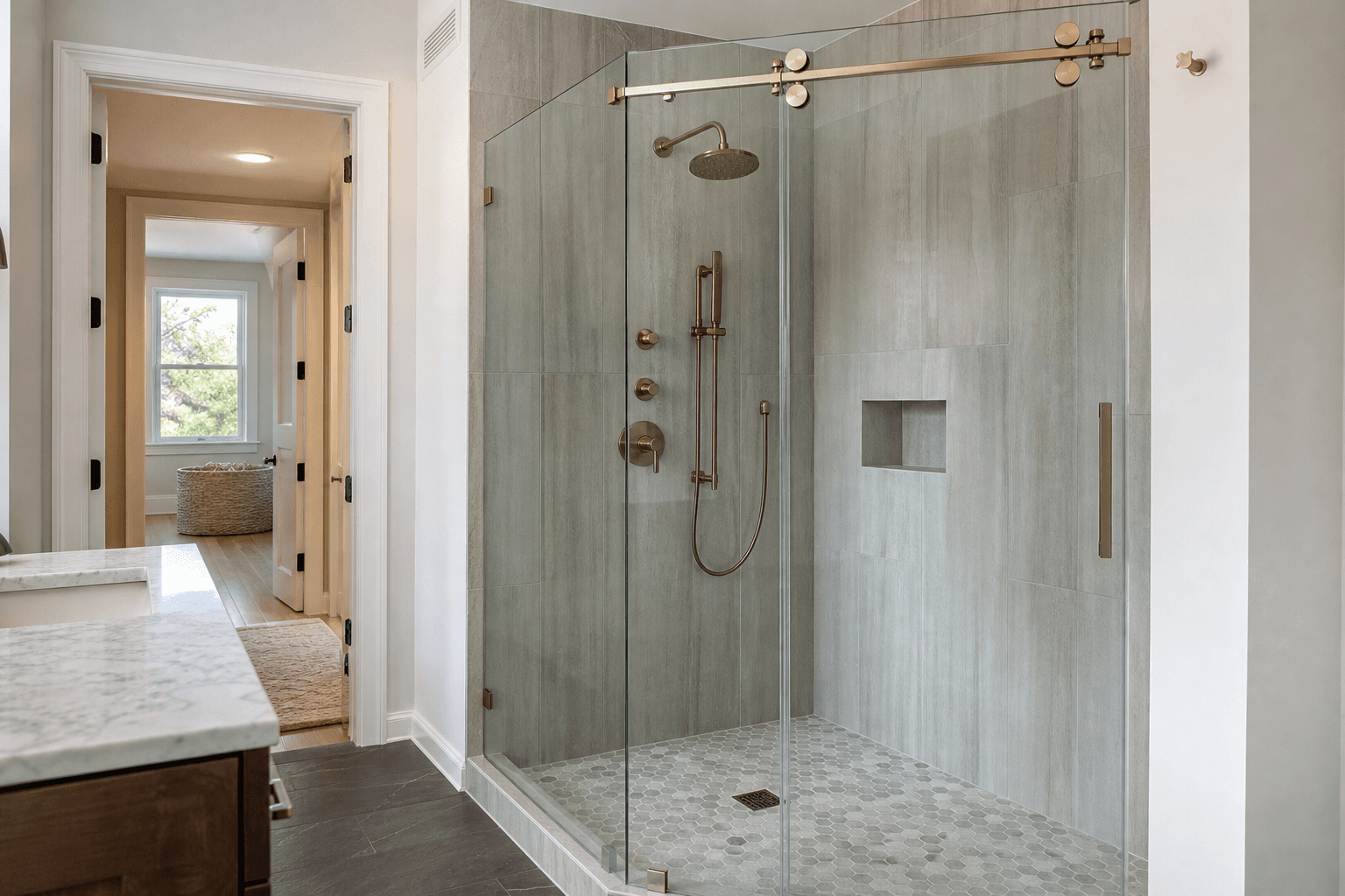 Illustrative image: Sliding or swinging frameless shower doors for your Ridgewood bathroom